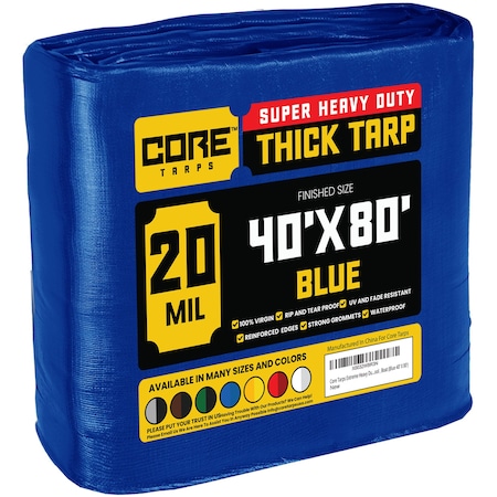 Heavy Duty Tarp, 80 ft L x 0.5 mm H x 40 ft W, 20 Mil, Blue, Polyethylene